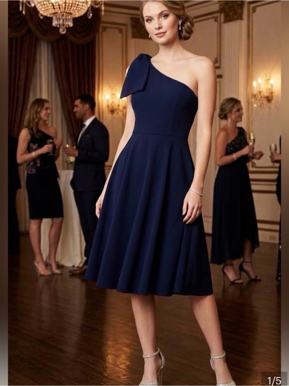 Gal Meets Glam Navy Yvonne One Shoulder Fit and Flare Midi Dress| 8